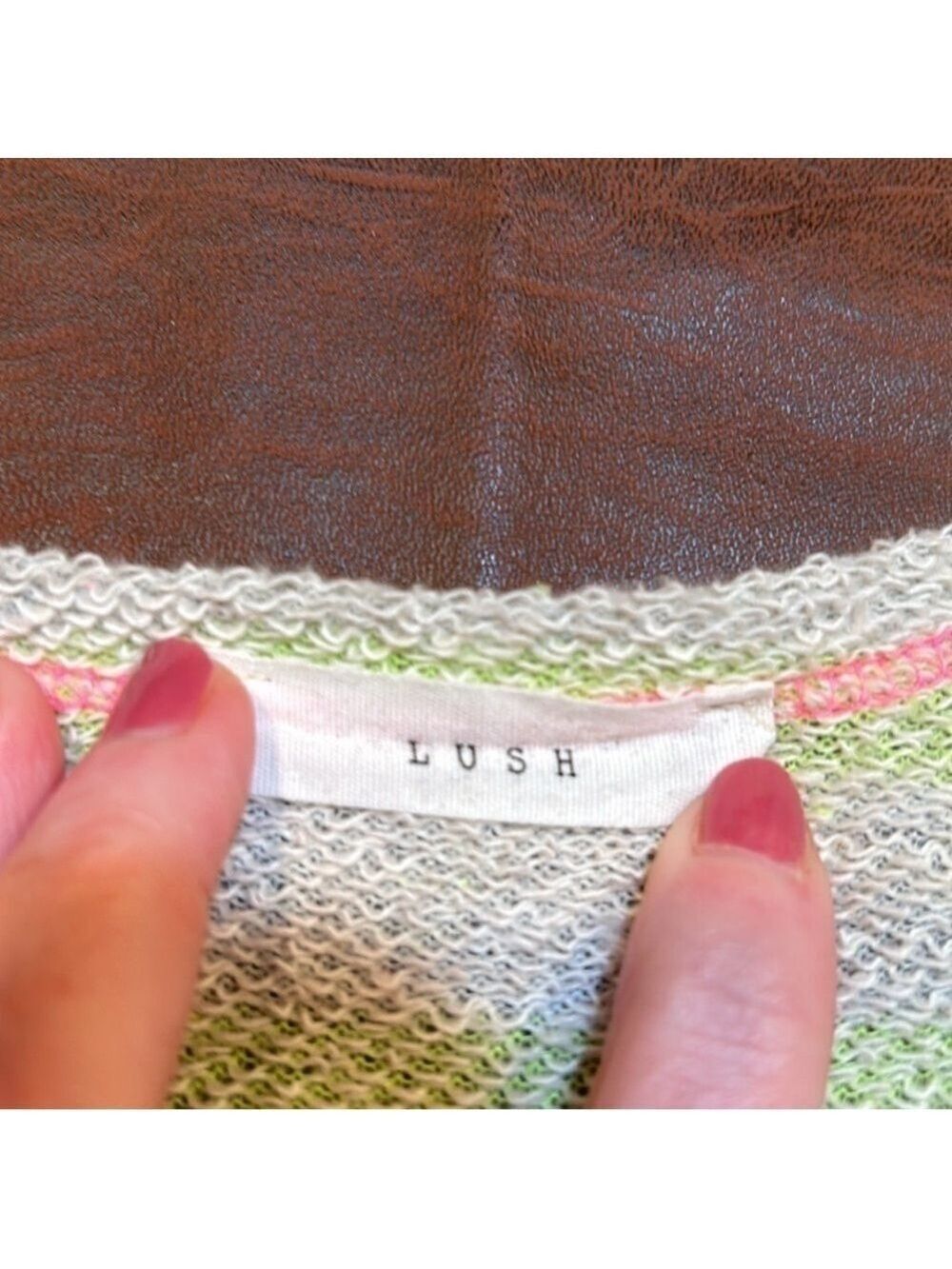 LUSH Neon Yellow & Gray Striped Sweatshirt-like Tank Top w/ Pink Trim, Size M - Picture 7 of 8